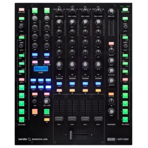 Rane Sixty-Eight professional DJ mixer with four channels, dual USB ports, and Serato DJ integration, available for rent at FX Rentals.